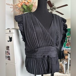 EXPRESS Ruched Black Blouse with flutter sleeve & pleating throughout - peplum